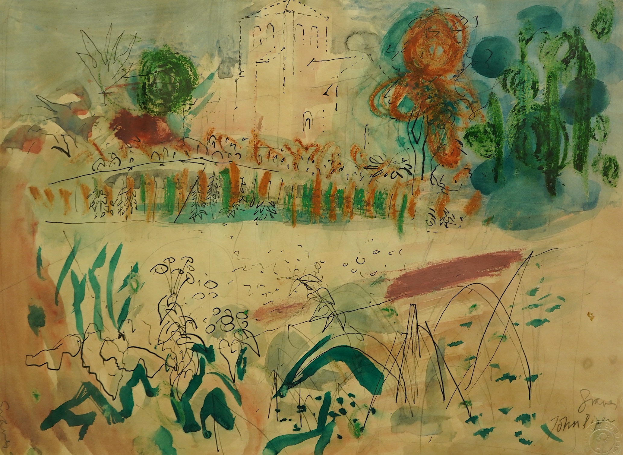 John Piper (British, 1903-1992), 'Vineyard - Graves 1958', ink, watercolour and oil pastel on paper, 30 x 41cm